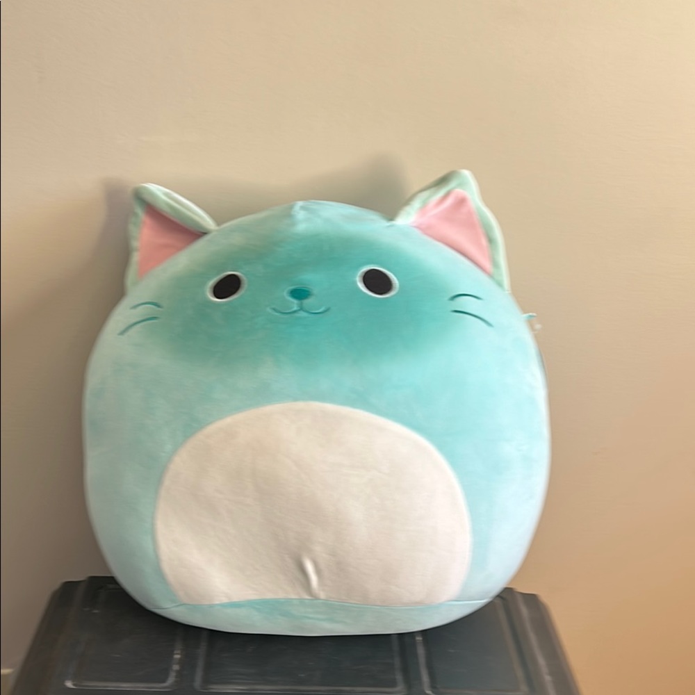 Plush Cat Pillow - Blue and White